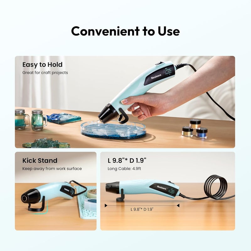 Resiners Heat Gun for Resin, 350W Fast Heating Dual Temp Heat Gun (482°F~662°F) with 3 Nozzles & 3 Silicone Covers, 4.9Ft Long Heat Gun for Bubble Remove,Vinyl Shrink Wrap,Candle Making,Epoxy Resin - Image 5